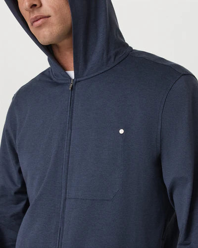Vuori - Ponto Full-Zip Hoodie with a white button on a light gray background